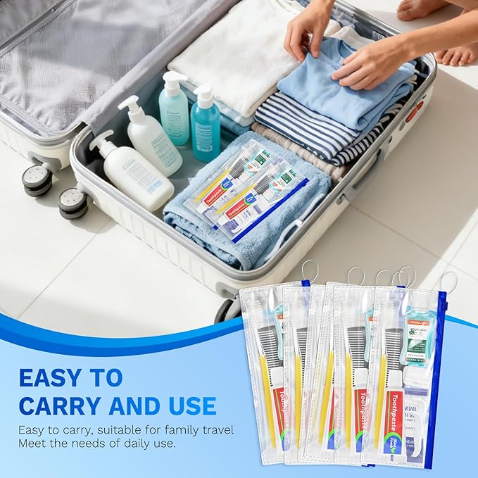 Personal Hygiene Kit Bulk Pack of 30,Yellow Basic Travel Toiletry Set Disposable Toothbrushes with Toothpaste Mouthwash Floss Comb Cover and Zip Bag for Homeless,Charity,Guests