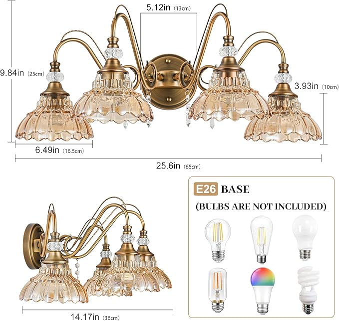 Vintage Bathroom Vanity Light, 4-Light Matte Antique Brass Finish Wall Sconce with Hanging Crystal Accents and Flower-Shaped Amber Glass Shades, Retro Wall Mount Vanity Light Over Mirror for Bathroom