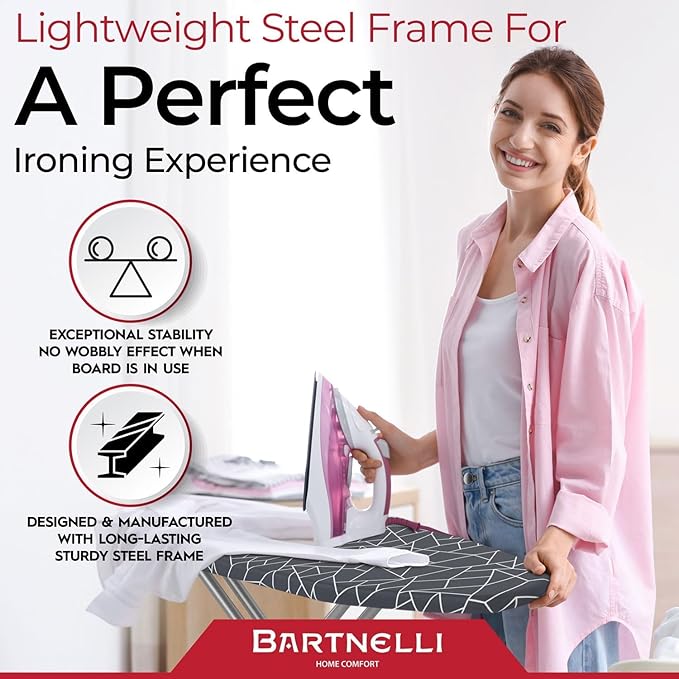 Bartnelli Compact Ironing Board, 13x43 Space-Saving Steel Foldable Iron Board, 4 Layer Cotton Cover, Adjustable Height, Bonus Hanger and Silicone Iron Pad