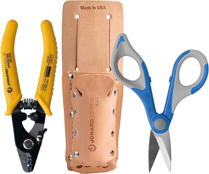 Jonard Tools TK-355 3 Hole Fiber Stripper & Kevlar Shears Scissor Kit, Leather Pouch
