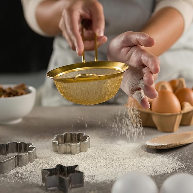 LemonRoad Gold Kitchen Accessories Set Includes 4 Quart Stainless Steel Colander, 3 Qt 5 Qt Gold Mixing Bowls with Airtight Lids, 1 Set Stainless Steel Measuring Cups and Spoons and Fine Mesh Strainer