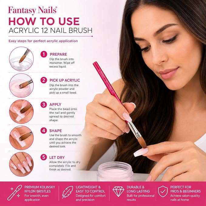 Fantasy Nails Acrylic Nail Brush #12, Kolinsky Hair, Aluminum Handle, Pink for Professional Nail Artist and Nail Enthusiastic
