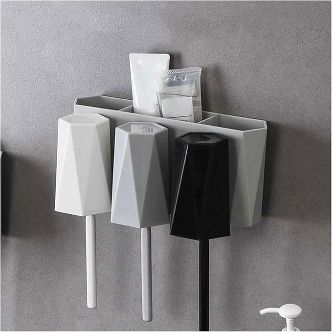 Toothbrush Rack Wall-Mounted Toothbrush Holder Hole-Free Bathroom Storage Rack with Three Sinks and Cups for Toothpaste and Makeup Bathroom Toothbrush Holder(C)
