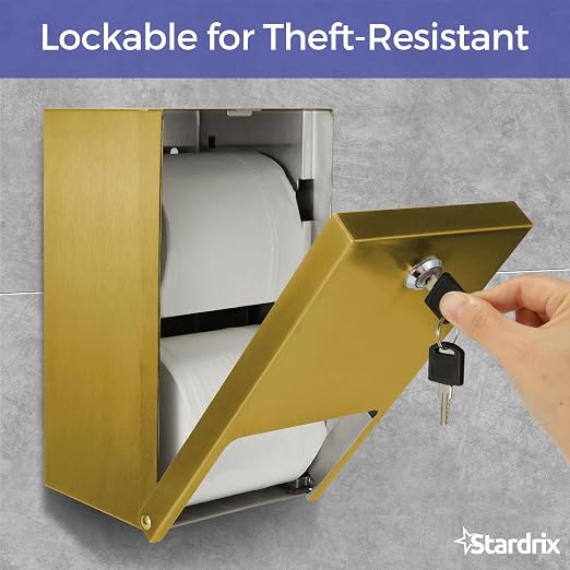 Stardrix Gold 2 Roll Stainless Steel Commercial Toilet Paper Dispenser, Heavy Duty Wall Mount Tissue Holder with Lock for Restroom/Bathroom