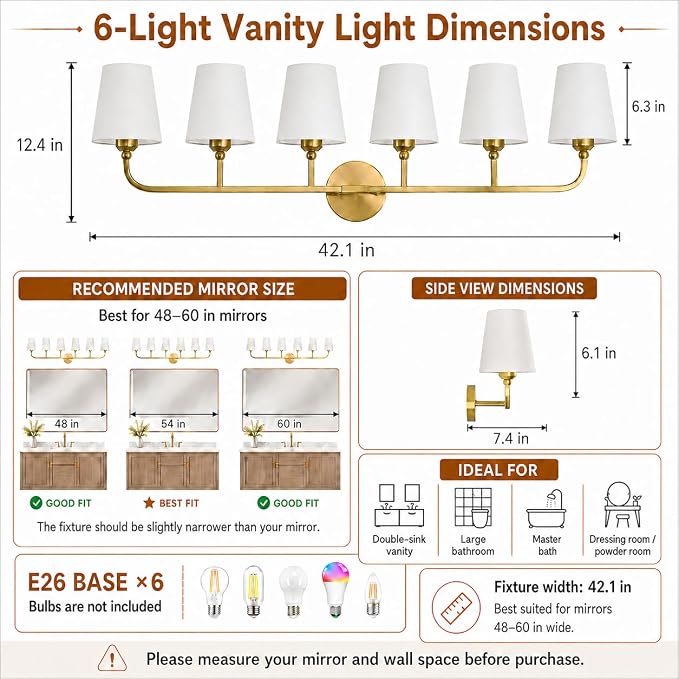 Bathroom Vanity Light, Brushed Gold Bathroom Light Fixtures, 6-Light Lighting Fixtures Over Mirror, Modern Wall Sconce with Flared White Fabric Shade, E26 Socket(ETL Listed)