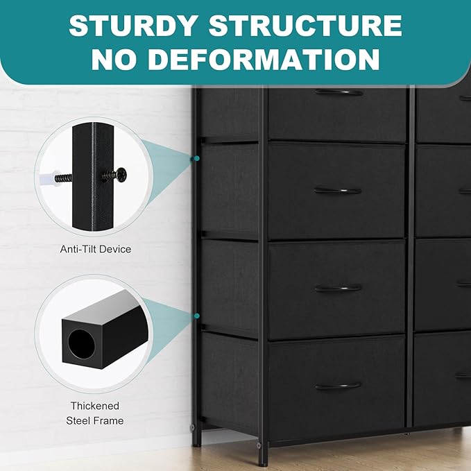 OLIXIS 8 Drawer Storage Dresser with Wood Top - Wide Fabric Chest Organizer for Bedroom, Closet, Living Room,Tower Cabinet, TV Stand, Hallway Entryway Furniture,Black