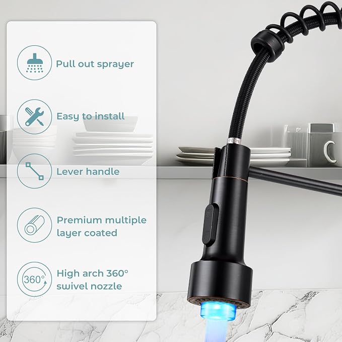 Kitchen Faucet with LED Pull Down Sprayer ORB | 2-mode sprayer, 360° high arc spout, 304 SS build, drip-free valve, fingerprint-resistant, DIY install, 500K cycle tested