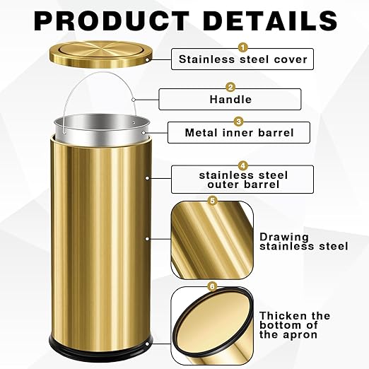 Maxdot 2 Pcs 8 Gallon/30 L Gold Bathroom Trash Can with Flip Lid and Toilet Brush Set, Large Luxury Stainless Steel Garbage Trash Can Wastebasket Bin for Commercial Office Hotel Bathroom Shopping Mall