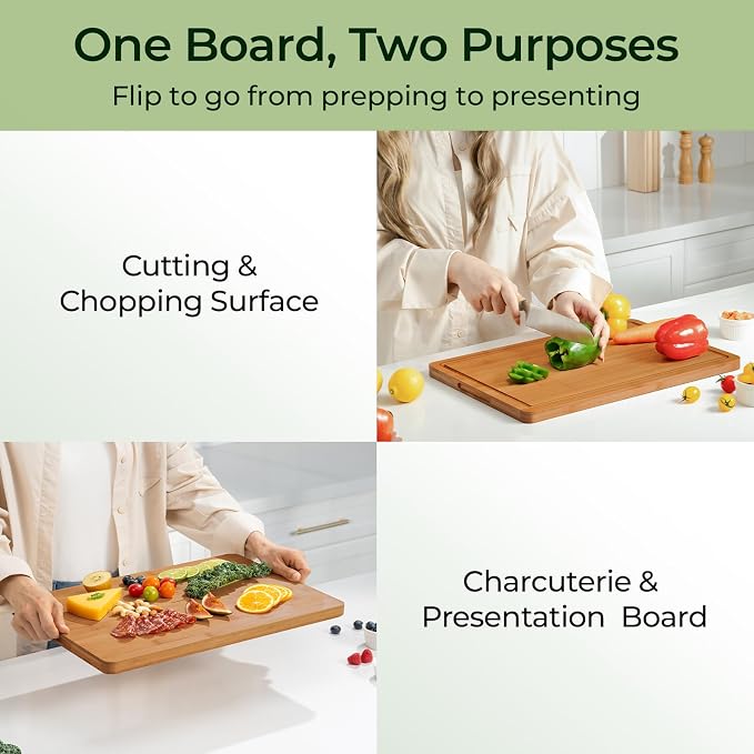 Keechee Carbonized Bamboo Cutting Board for Kitchen, XL Chopping Block | Deep juice grooves, built-in handles, extra large surface for carving meat, turkey and BBQ