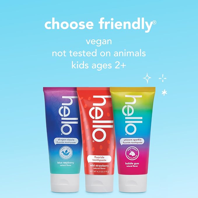 hello Kids Fluoride Toothpaste Variety Pack, 3 Pack, 4.2 oz | Bubble Gum, Strawberry, and Blue Raspberry Flavors, Safe for Kids Ages 2 and Up, Prevents Cavities, Polishes, and Brightens
