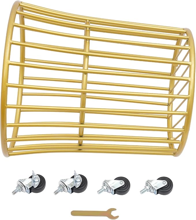 Rolling Laundry Basket with Wheels, Round Barrel Metal Mesh Laundry Hamper Dirty Clothes Basket, Versatile Portable Large Opening Storage Basket for Home, 14.2"×15.7" (Gold-Round Barrel)