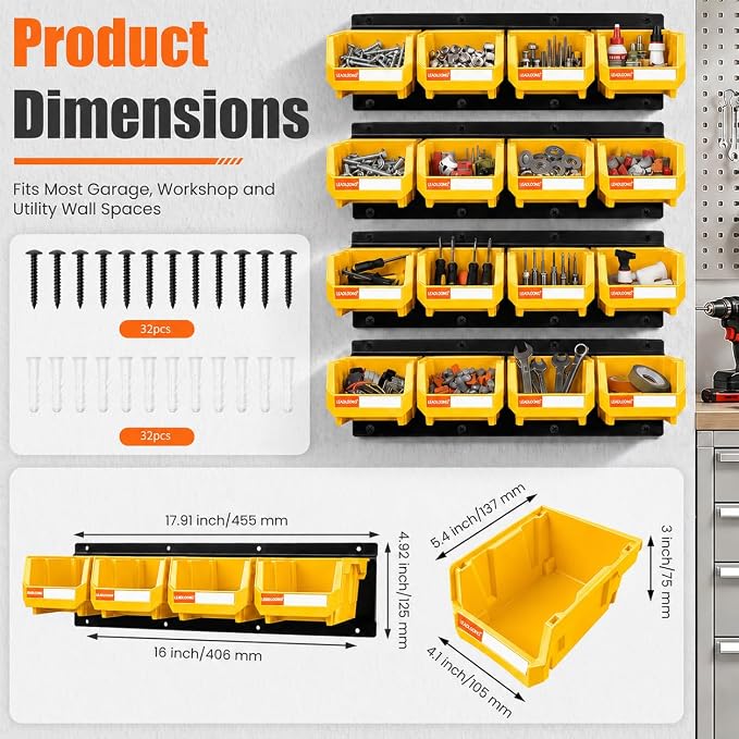 16pc Wall-Mounted Storage Organizer Set with Metal Rails Yellow | Heavy duty tool organization box with metal rails. Ext 5"x4"x3" for garage screws nuts bolts.