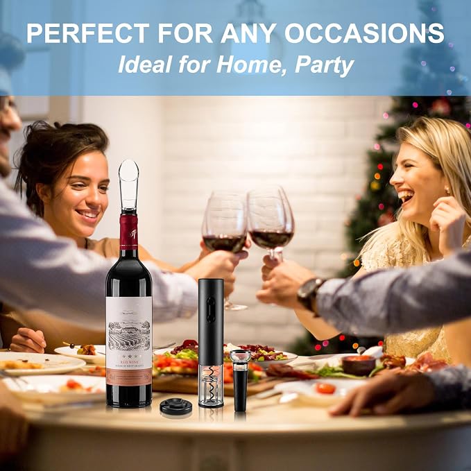Rechargeable Electric Wine Opener Set, Automatic Corkscrew Set, Including Long Stem Wine Glasses of 2, Clear Glass Wine Goblet, Ideal Gift for Wedding, Wine Lover, Birthday, Girl, Men