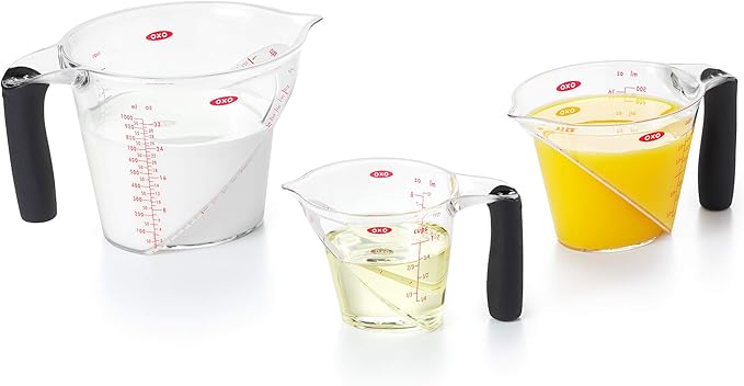 OXO Good Grips 3-Piece Angled Measuring Cup Set, Black & Good Grips 4 Piece Stainless Steel Measuring Spoons with Magnetic Snaps