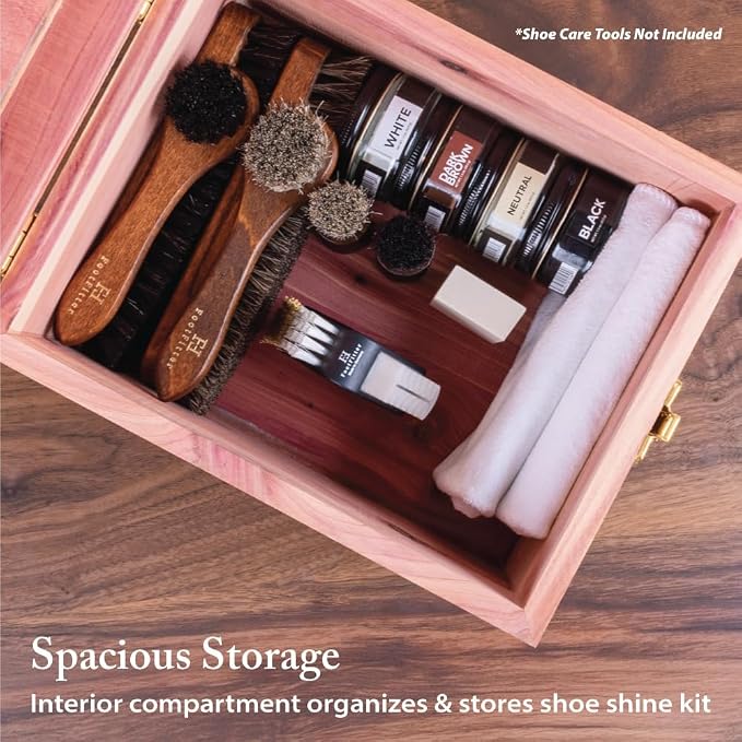 FootFitter Grand Cedar Shoe Shine Valet Box with Stand, USA Grown Wood | Premium Cedar Wood Storage Case with Stand & Shoe Rest for Polishing Space & Shoe Care Accessories