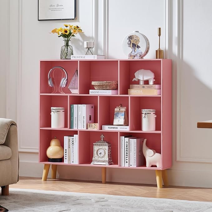 LEYAOYAO 10 Cube Bookshelf,Mid-Century Modern Bookcase with Legs,Light Pink | 3 Tier Book Shelf,Rustic Wood Bookshelves Freestanding Large Storage Organizer, Open Shelves for Bedroom, Living Room, Office