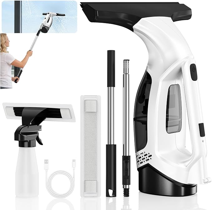 Window Vacuum Squeegee with Extendable Pole 31-40", 2000Pa Electric Window Cleaning Tool with 2200mAh and 150ml Dirty Water Tank, Long Handle Squeegee for Shower Glass, Window Cleaning