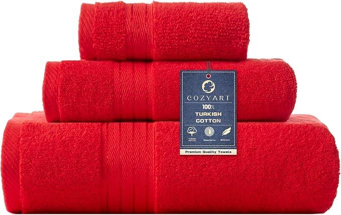 COZYART Luxury Bath Towel Set 3 PCS, Red 100% Turkish Cotton 650 GSM | OEKO-Tex 100 Certified Zero Twist Ring Spun, Soft Absorbent Quick Dry, Plush Fluffy, Breathable Hotel Quality for Daily Use