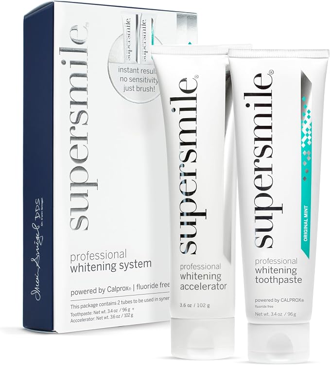 Supersmile Fluoride-Free Whitening System, 3.4 Oz Toothpaste + Accelerator | Whitens 3.6 Shades After 1 Day, RDA 65 Low Abrasion, Original Mint Flavor, Veneer Safe, Sensitivity-Free, SLS-Free