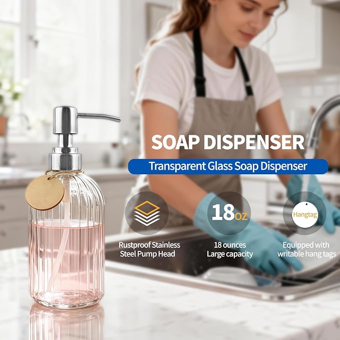 40 Pack Soap Dispenser Set with Stainless Steel Pump, Clear Glass Pump Dispenser, 18 Oz Refillable Empty Bottles for Hand Soap, Dish Soap, Shampoo&Conditioner, Kitchen Sink and Bathroom Decor.