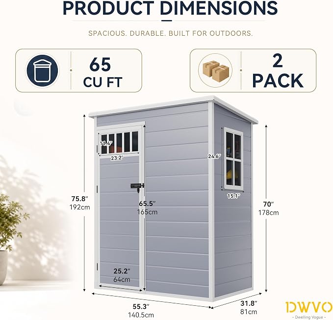 DWVO 5x3FT Outdoor Storage Shed with Fence-Style and Side Windows, Floor & Lockable Doors, Resin Storage Shed for Backyard and Garden, Gray