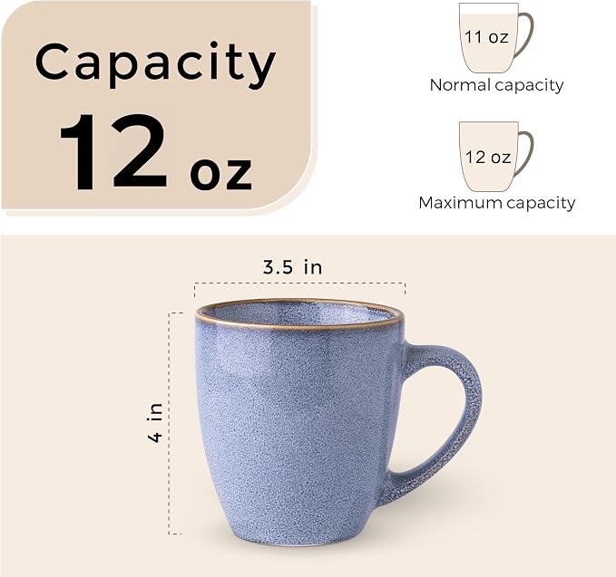 GBhome Ceramic Coffee Mugs Set of 6, 12oz Stoneware Coffee Mugs Set For Dad Mom Women MEN, Light Weight Ceramic Coffee Cups for Latte/Tea/Beer/Hot Cocoa, Dishwasher & Microwave Safe-Brunnera Blue