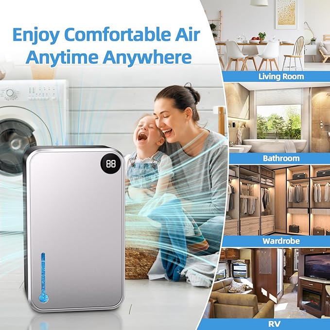 Dehumidifier, 95OZ Dehumidifiers for Home 1000 Sq.Ft, Quiet with Auto Shut Off, Humidity Display Dehumidifier for Bedroom/Bathroom, Timer, Drain Hose, 7-color LED light, Moisture Absorbers (Grey)