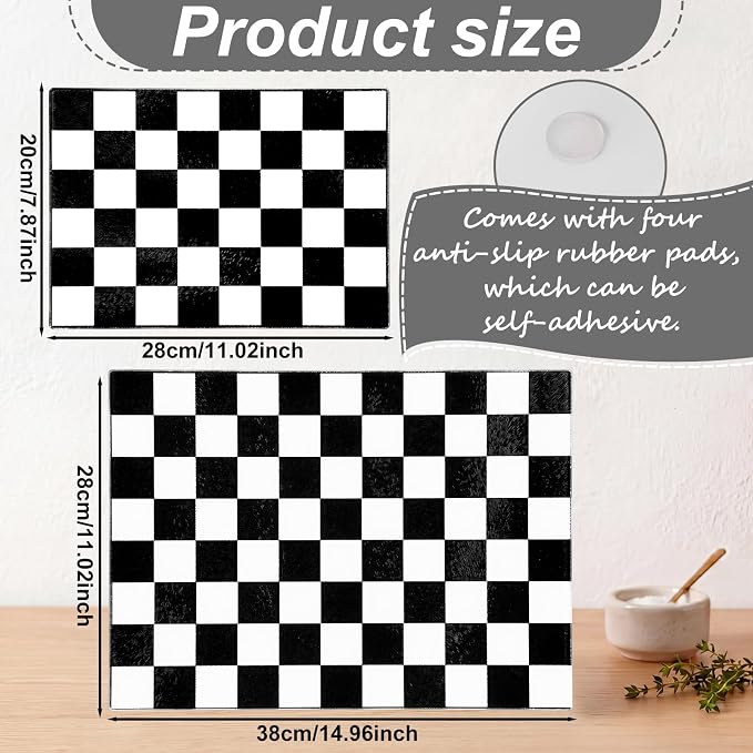 Thenshop Set of 2 Tempered Glass Cutting Boards Black Check Countertop Cutting Boards Heat Resistant with Non-slip Feet for Kitchen Counter Housewarming Wedding Gift 7.9x11inch+11x15 Inch