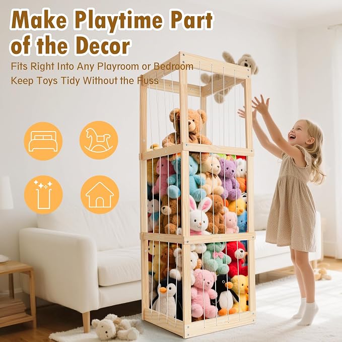 Stuffed Animal Storage – Large Capacity Toy Organizers for Kids | Wooden Stuffed Animal Holder with Elastic Zoo Bars | Plushies Storage Toy Chest for Nursery, Playroom, or Bedroom