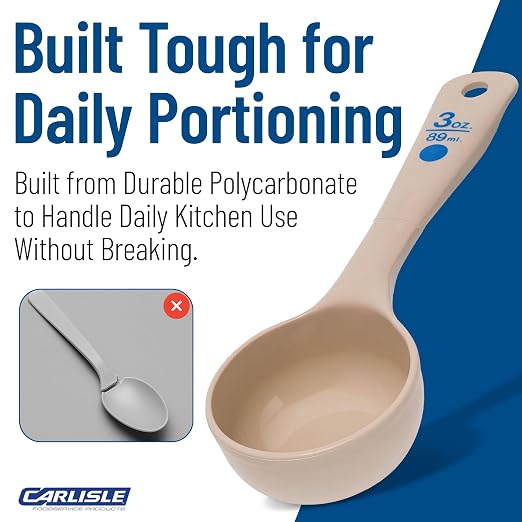 Carlisle FoodService Products 3 Oz Solid Portion Control Spoon – Short Handle Measuring Spoon – Beige Polymer Foodservice Spoon for Commercial Kitchens, (Pack of 12)