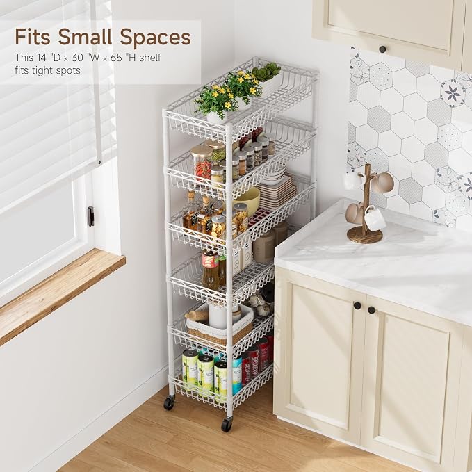 Golpart Basket Shelves Closet Rack with Wheels Metal Pantry Wire Shelf Unit | 6 tier Storage Rolling Shelving Bathroom Organizers Kitchen Garage Laundry Room Organization Home 30"Dx13.6"Wx65"H White