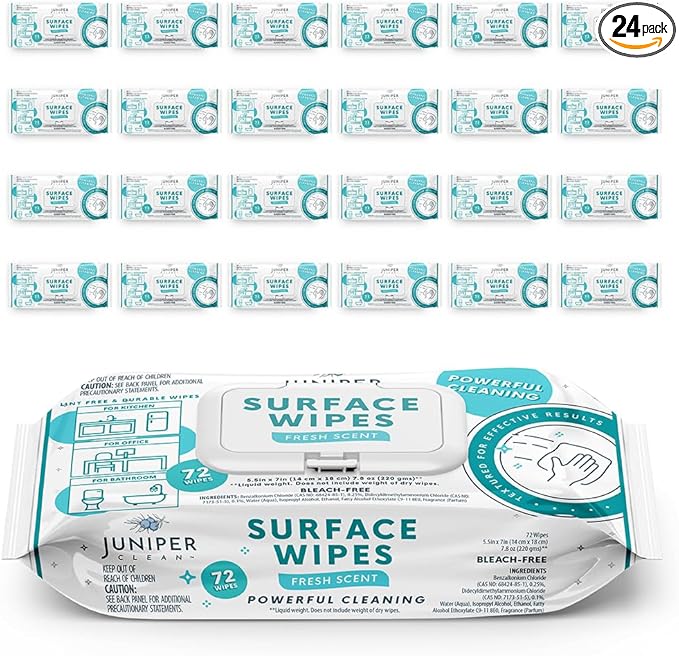 Juniper CLEAN 24 Pack Surface Cleaning Wipes Bleach Free, All-Purpose Cleaner for Bathroom, Kitchen, Office, 1728 Count Soft Flow, Fresh Scent, Bleach Free, Lint Free, Durable