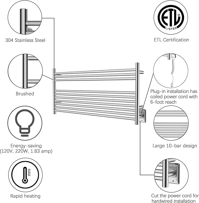 HEATGENE Towel Warmer 10 Bar Towel Dryer Wall-Mounted Plug-in Bath Towel Heater - Brushed