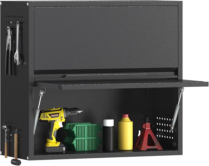 2 Door Garage Wall Cabinet with Up-Flip Door, 25.6" H Metal Wall Cabinet | Wall Mounted Metal Storage Cabinet for Garage,Basement,Ware House Assembly Required