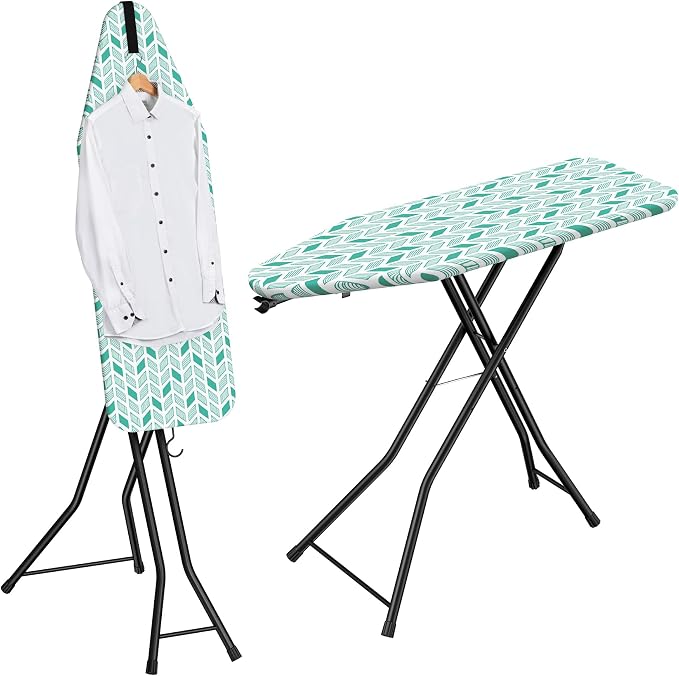 LyriFine Ironing Board, 2-in-1 Ironing and Steaming Board, 14″ x 43″ | Upgraded Iron Board with Iron Rest, Sturdy Steel Frame Iron Board with Non-Slip Feet, Ironing Board Full Size & Hook, Green