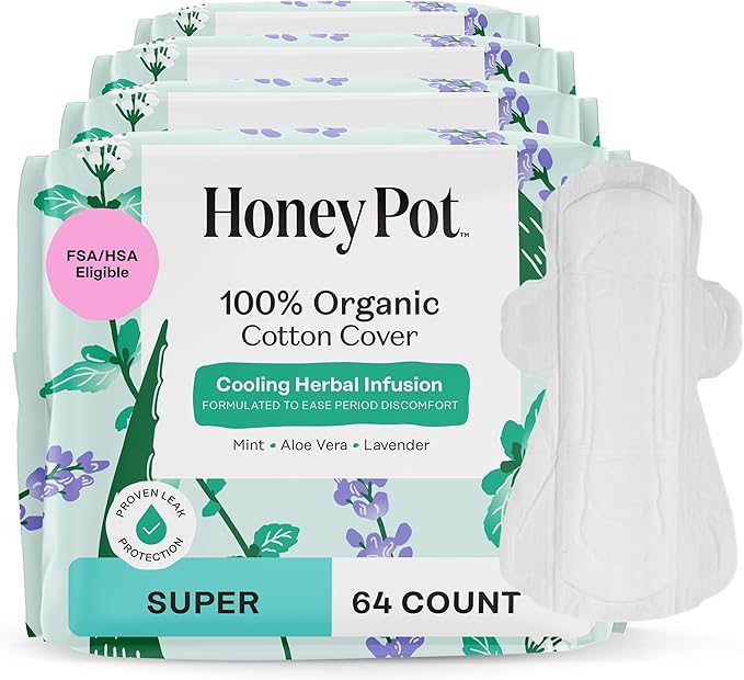 The Honey Pot Company - 64ct - Herbal Pads for Women - Super w/Wings - Infused w/Essential Oils for Cooling Effect, Organic Cotton Cover, & Ultra-Absorbent Pulp Core - Feminine Care