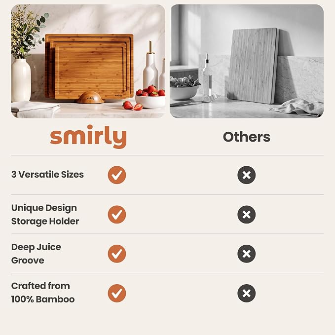 SMIRLY Cutting Board, Carbonized Bamboo Cutting Board Set of 3 with Stand | Non Toxic Wooden Cutting Board with Juice Grooves and Handles, Multiple Sizes Chopping Boards for Meat Vegetable Charcuterie
