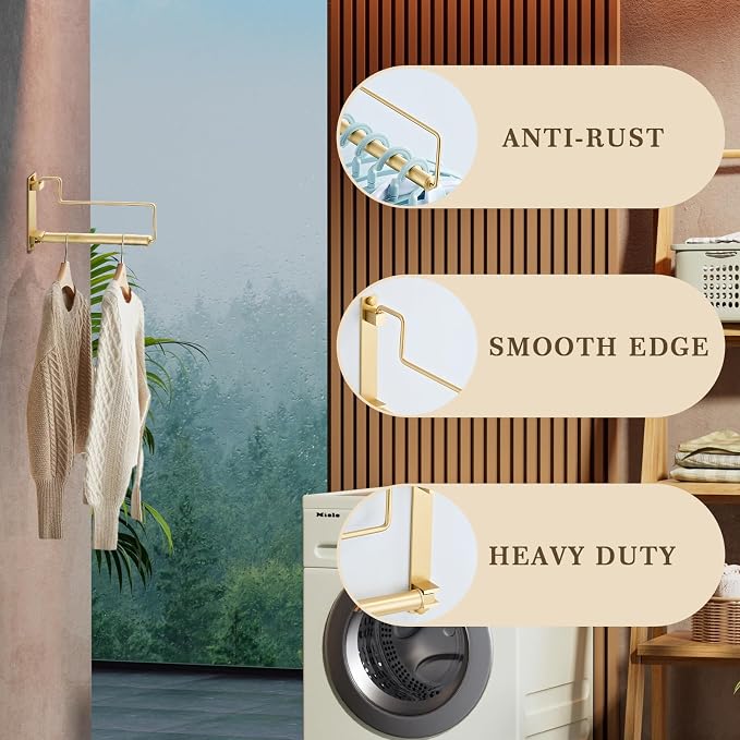 Clothes Hanger Gold Brushed Folding Clothes Drying Rack Wall-Mounted Clothes Organizer for Laundry Room Closet