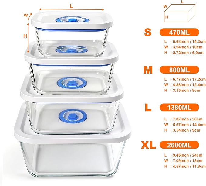 Vacuum Seal Borosilicate Glass Containers for Food Storage, 3 Sizes (S M L) Compatible with Desktop and Handheld Vacuum Sealer Machines, Airtight Lid Set