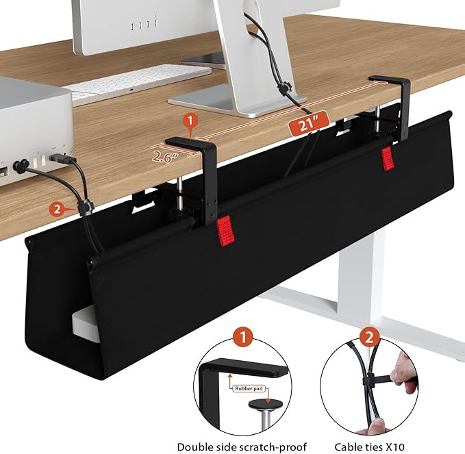 Univivi No Drill Under Desk Cable Management Tray, 36" Cord Organizer for Table, Clamp/Screw Mount Desk Cable Management, Premium Fabric Cable Management Tray for Office, Home
