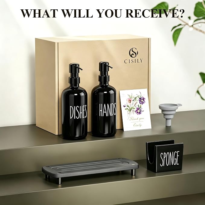 Cisily Black Soap Dispenser Set with Ceramics Sponge Holder, Kitchen Decor | Black Stainless Steel Pumps, Instant Dry Tray