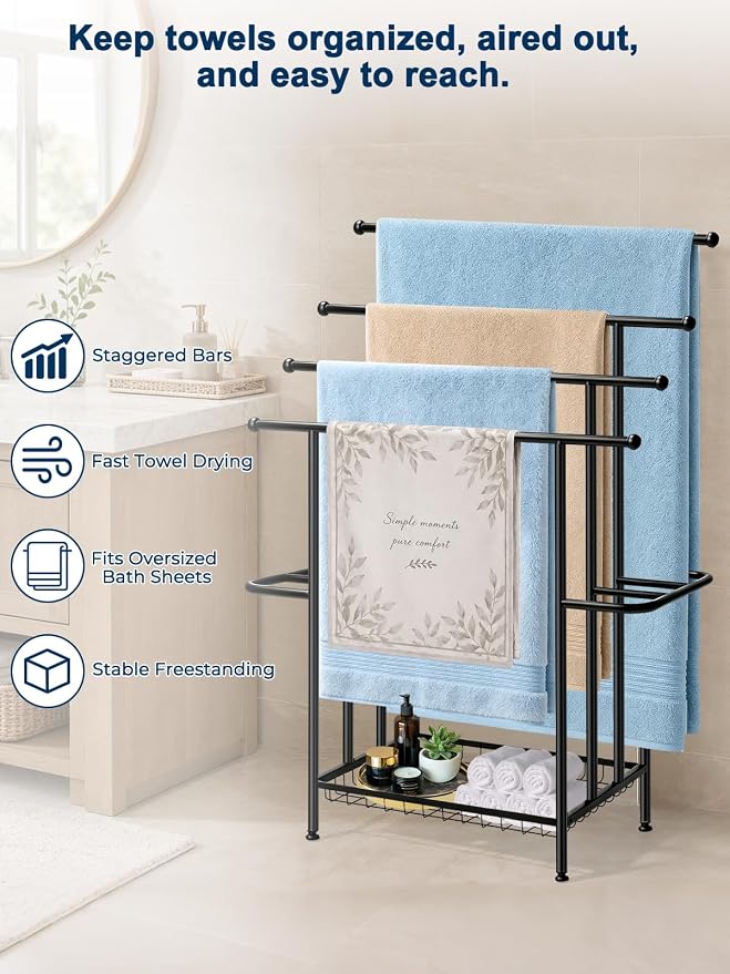 Haturi 4-Tier Free Standing Towel Rack for Bathroom, 45.3" H Black Metal Towel Drying Rack, 18.1" W with Storage Basket, Outdoor Pool Towel Holder for Oversized Towels & Blankets