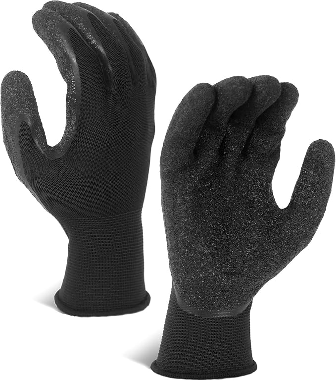 Evridwear Crinkle Latex Rubber Hand Coated Safety Work Gloves for Men Women General Multi Use Construction Warehouse Gardening Assembly Landscaping,Black Large 12 Pairs Pack