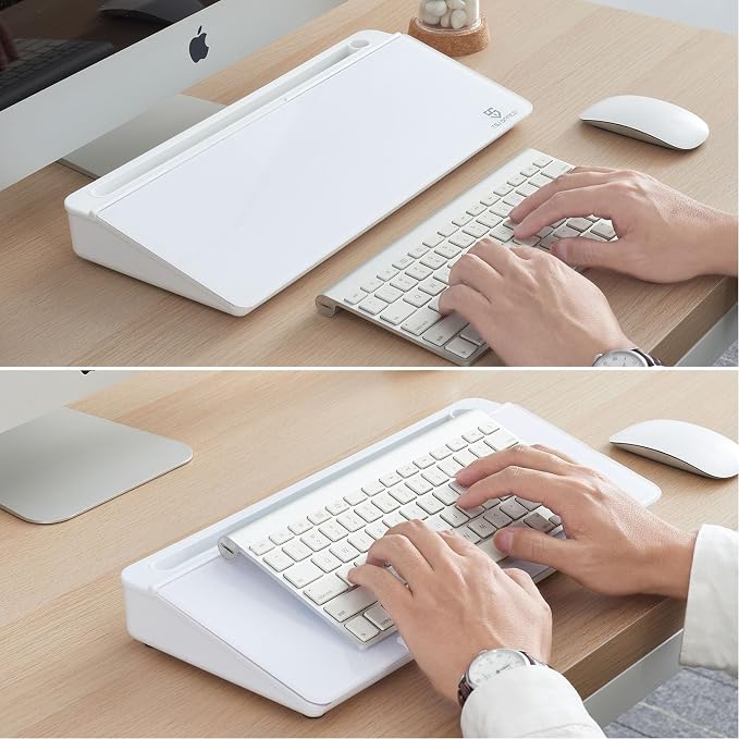 TSJ OFFICE Small Desktop Whiteboard -Glass Dry Erase Board Computer Keyboard Stand White Board Surface Pad with Drawer, Desk Organizers with Accessories for Office, Home, School Supplies - White