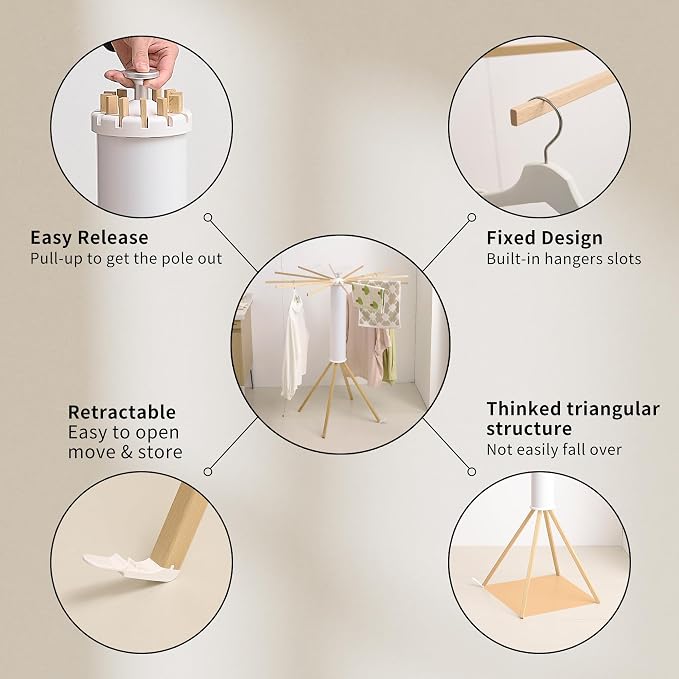 RFOUO Clothes Drying Rack 4 Legs,Laundry Hanger Dryer Rack,Portable Dry Rack,Foldable Drying Rack-Drying Rack Clothing Laundry Bedroom Household Wooden-12rods
