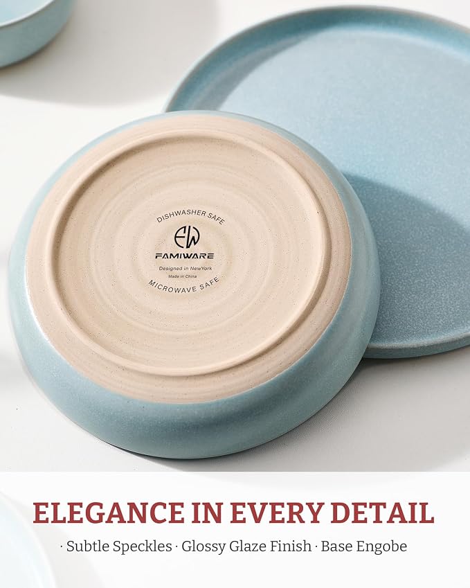 famiware Milkyway Pasta Bowls Set of 8, 33 oz Large Salad Bowls, Double Reactive Glaze, Sturdy & Stackable, Ideal for Housewarming, Festivals, Light Blue