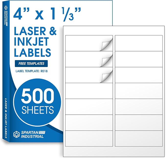 4" X 1.33" Matte White Printable Address Labels (500 Sheets, 7000 Stickers) Mailing Labels for Envelopes, File Folder Stickers for Laser & Inkjet Printers - Spartan Industrial Template R018