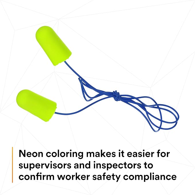 3M Ear Plugs, E-A-Rsoft Yellow Neons 311-1250, 200 Pair of Disposable Earplugs, Pairs Individually Wrapped, Regular Size, Corded, 33 NRR, Tapered Cylinder Shape, Slow Recovery Foam