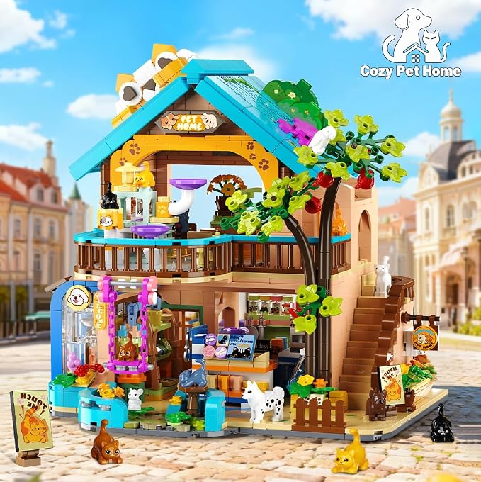 INSOON City Pet Shop Building Set with Lights for Adults Kids Boys Girls 8+ | 1431 PCS Cozy Pet Construction Toy with Cats Dogs, Cute Animal Store Miniature House Model Building Block Kit for Home Decor