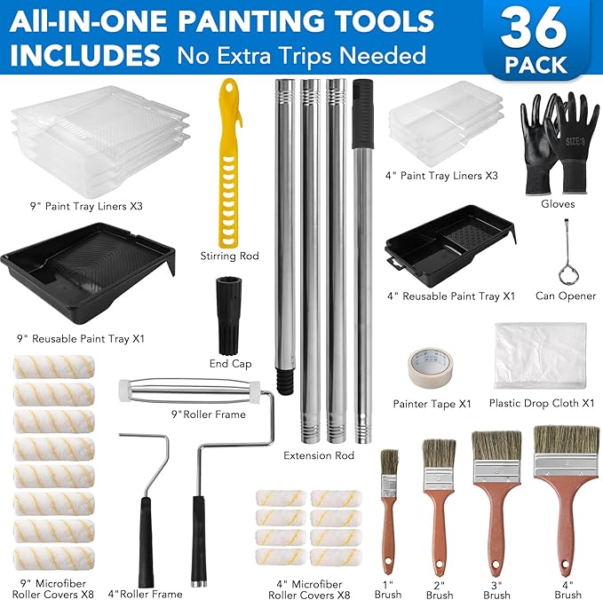 SOUTHGATE 36PCS Paint Roller Kit with 4-Section Pole, 9''& 4''Roller Trays, Heavy-Duty Frames, Microfiber Paint Rollers, Brushes & Scrappers, House Painting Tools for Walls, Ceilings & Home Renovation